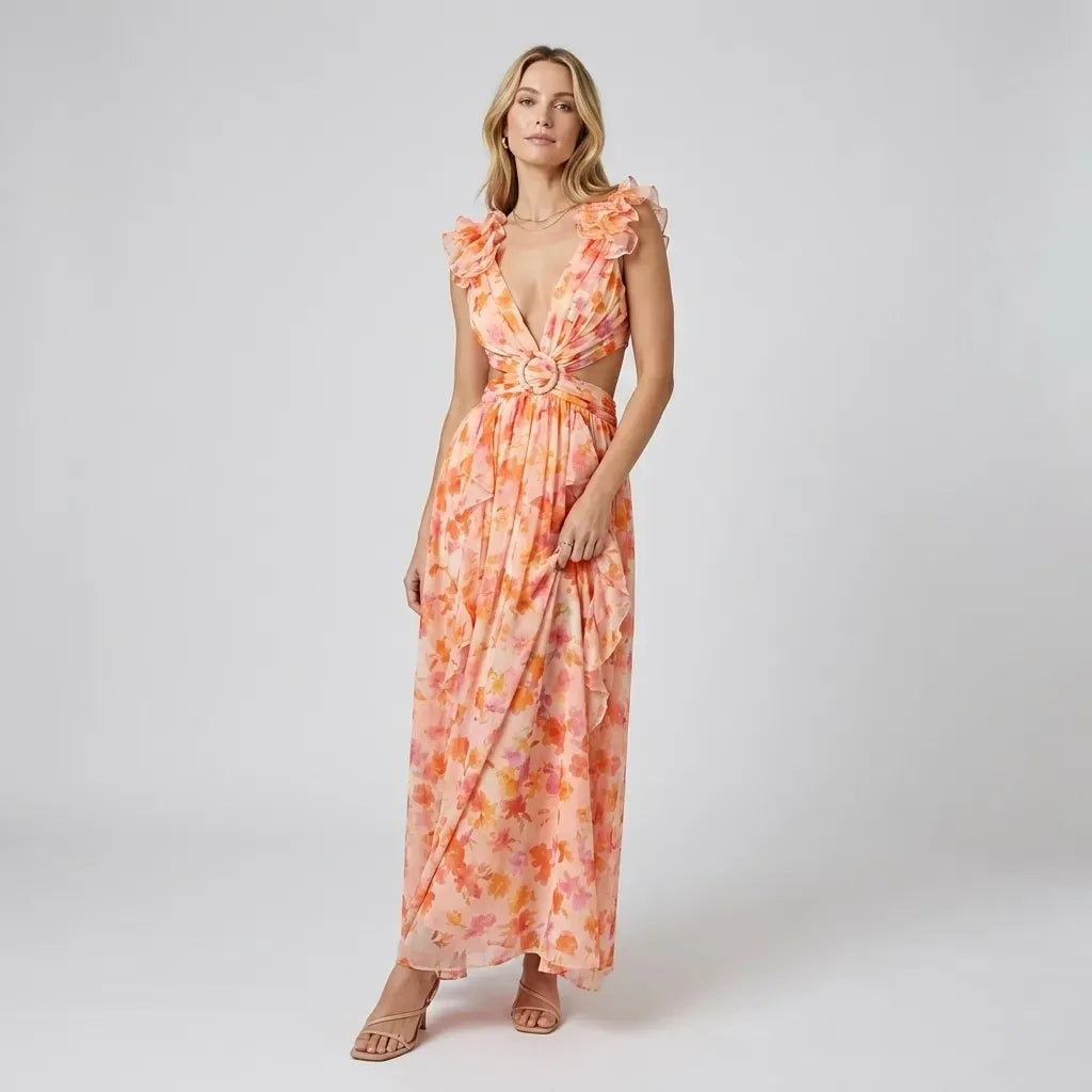 Chiffon Cut Out Dress with A-Line Slit Orange 7