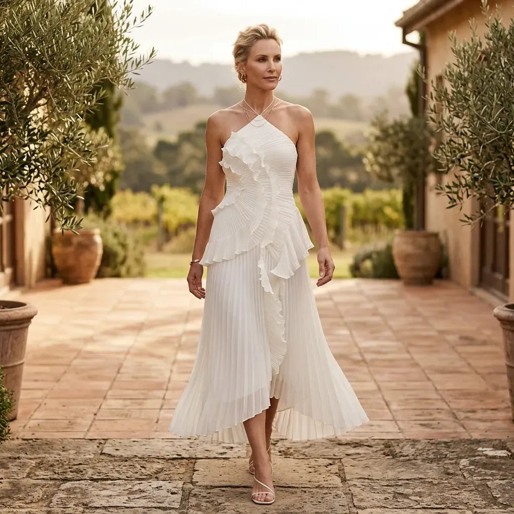 Chiffon Ruffle Dress Midi Halter White 1