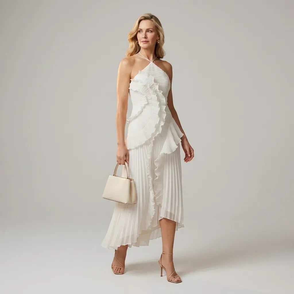 Chiffon Ruffle Dress Midi Halter White 4