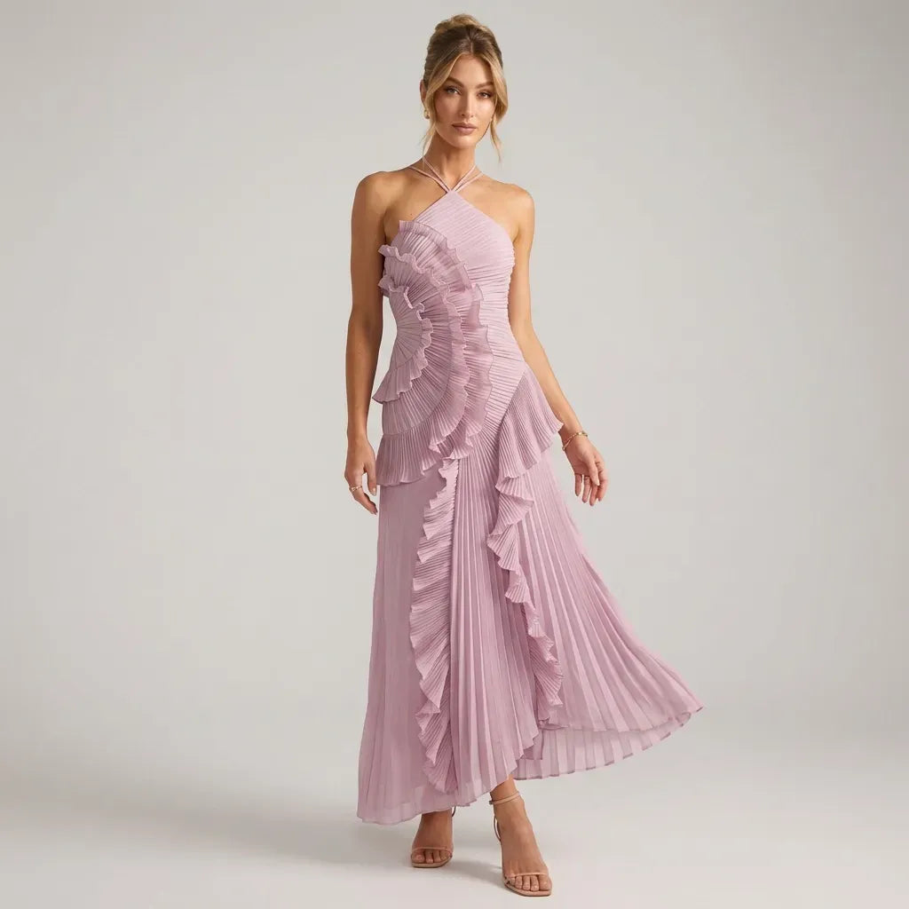 Chiffon Ruffle Dress Midi Halter Lilac 6