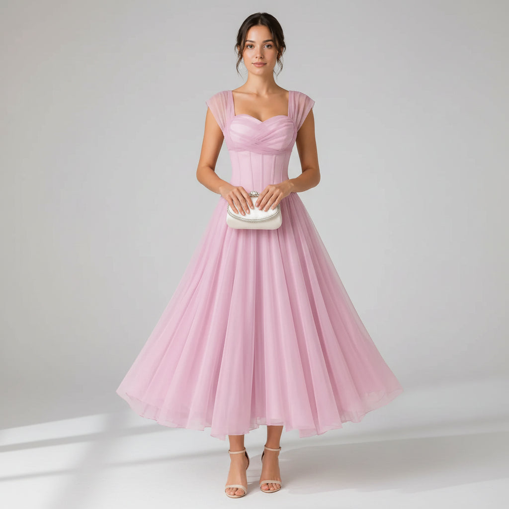 Chiffon Wedding Guest Dress with Corset Bodice Pink 4