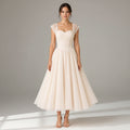Chiffon Wedding Guest Dress with Corset Bodice Beige 8