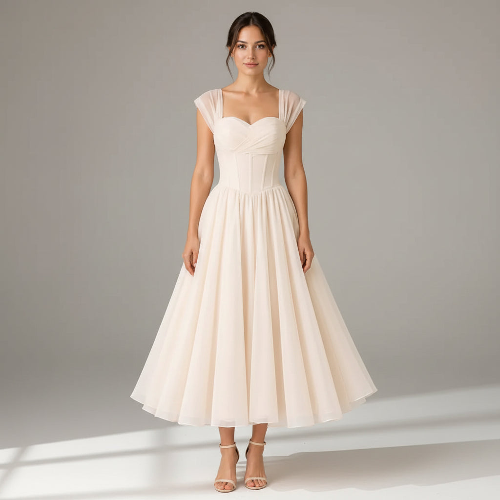 Chiffon Wedding Guest Dress with Corset Bodice Beige 8