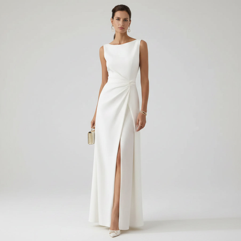 Column Wedding Guest Dress with High Slit White 4
