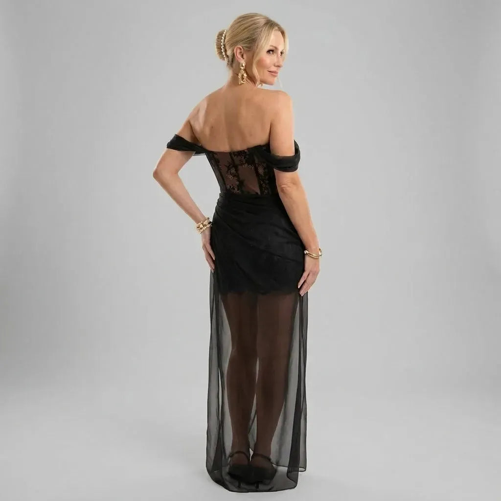 Corset Mesh Maxi Dress with Slit Black 2