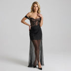 Corset Mesh Maxi Dress with Slit Black 3