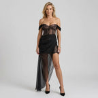 Corset Mesh Maxi Dress with Slit Black 4
