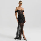 Corset Mesh Maxi Dress with Slit Black 6