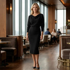 Cowl Neck Midi Knit Dress with Long Sleeves Black 1