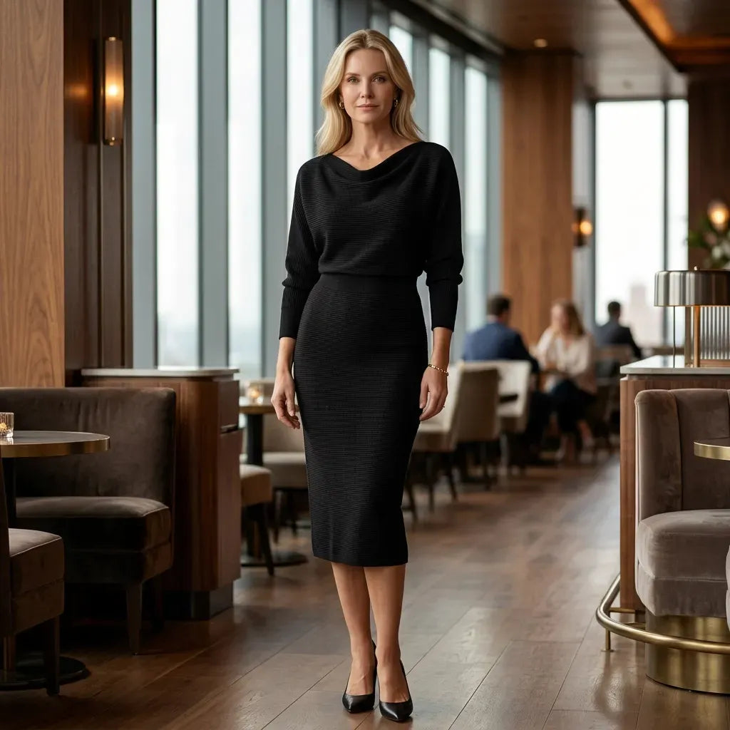 Cowl Neck Midi Knit Dress with Long Sleeves Black 1