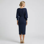 Cowl Neck Midi Knit Dress with Long Sleeves Dark Blue 3
