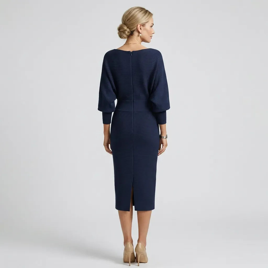 Cowl Neck Midi Knit Dress with Long Sleeves Dark Blue 3