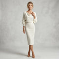 Cowl Neck Midi Knit Dress with Long Sleeves White 9