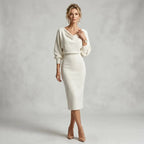 Cowl Neck Midi Knit Dress with Long Sleeves White 9