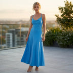 Crepe Cowl Neck Dress Midi A-Line Blue 1