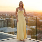 Crepe Cowl Neck Dress Midi A-Line Yellow 2