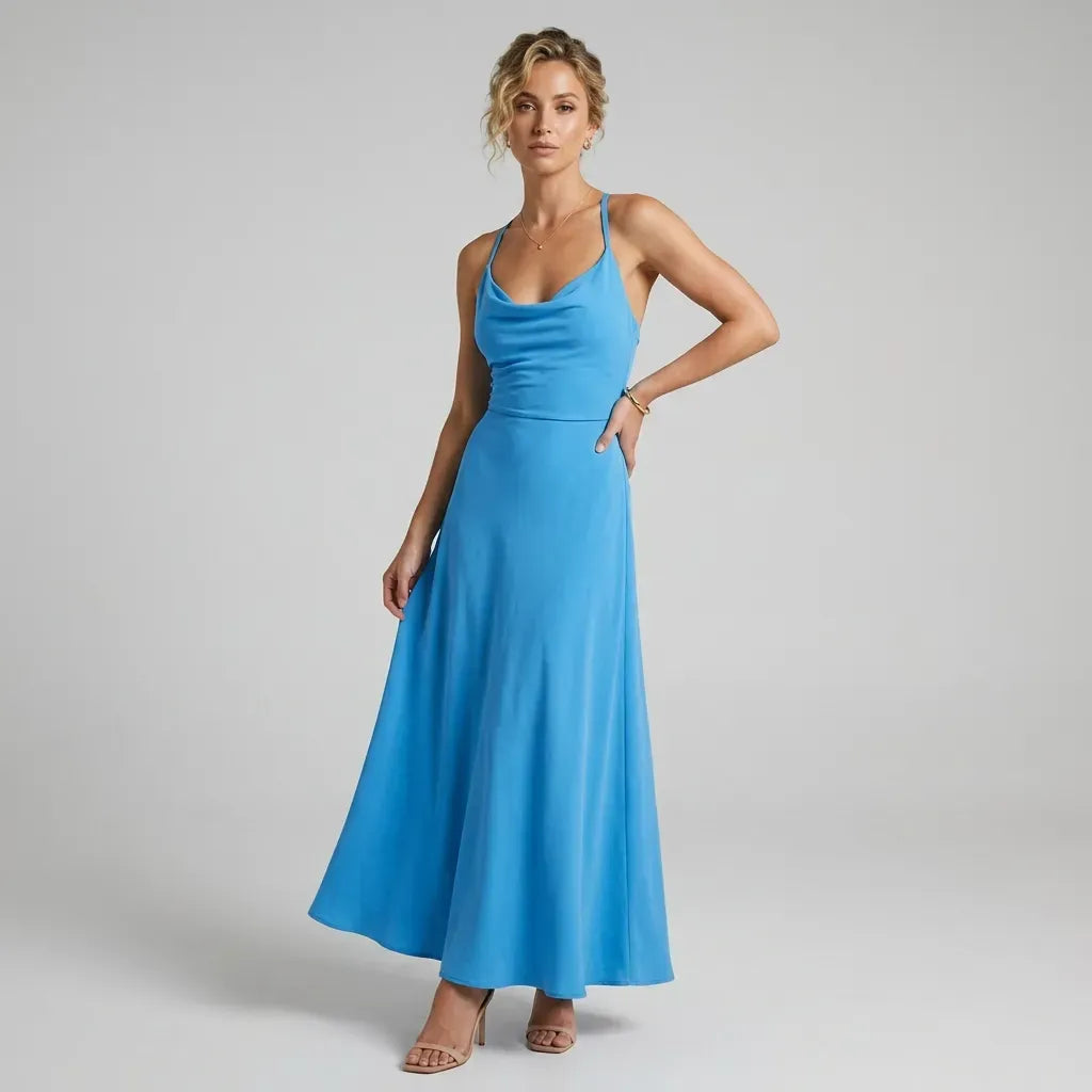 Crepe Cowl Neck Dress Midi A-Line Blue 3
