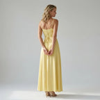 Crepe Cowl Neck Dress Midi A-Line Yellow 4