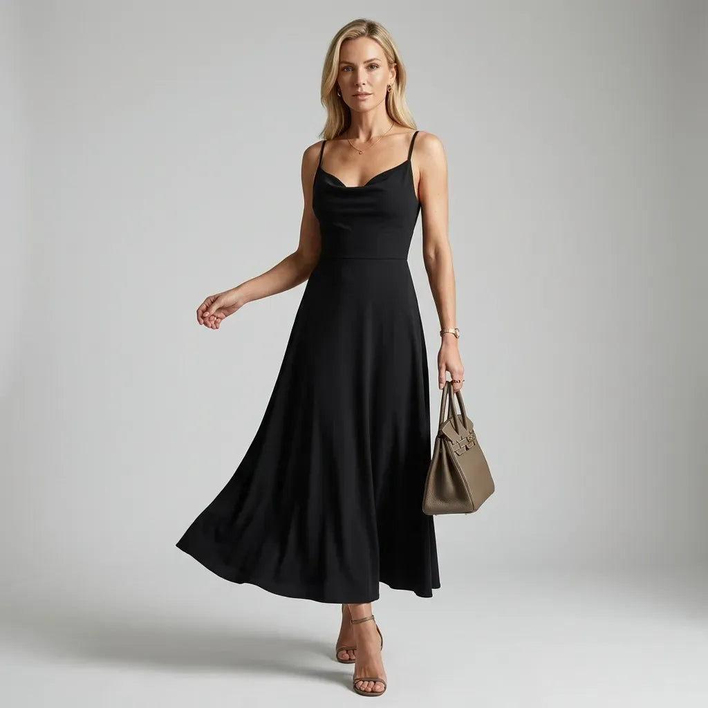 Crepe Cowl Neck Dress Midi A-Line Black 5