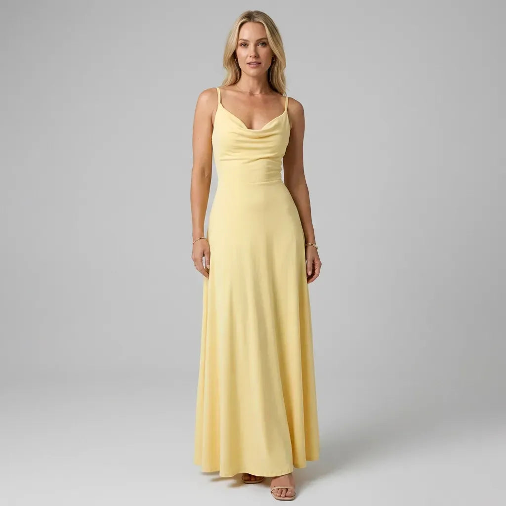 Crepe Cowl Neck Dress Midi A-Line Yellow 6