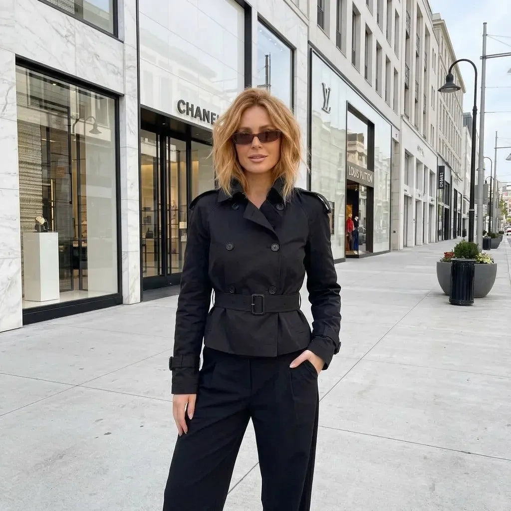 Cropped Funnel Neck Jacket Double Breasted Belted Black 2