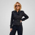 Cropped Funnel Neck Jacket Double Breasted Belted Black 3