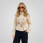 Cropped Funnel Neck Jacket Double Breasted Belted Beige 5