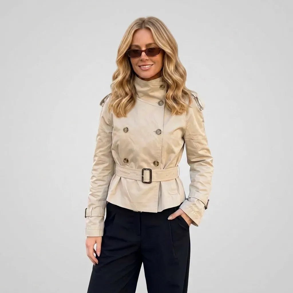 Cropped Funnel Neck Jacket Double Breasted Belted Beige 5