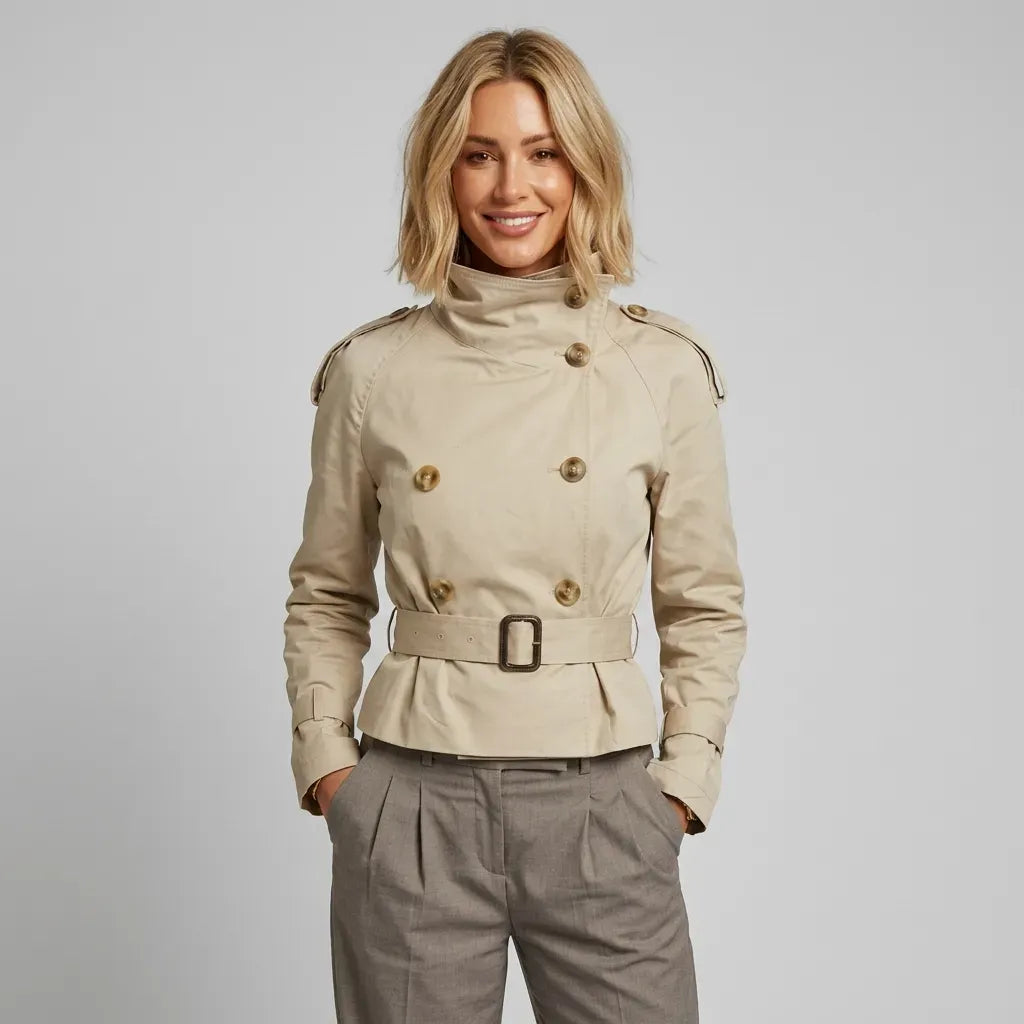 Cropped Funnel Neck Jacket Double Breasted Belted Beige 6
