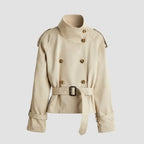 Cropped Funnel Neck Jacket Double Breasted Belted Beige 7