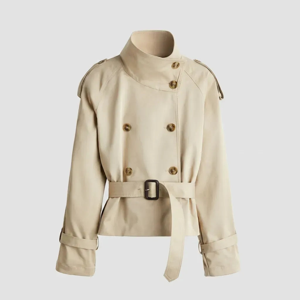 Cropped Funnel Neck Jacket Double Breasted Belted Beige 7