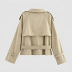 Cropped Funnel Neck Jacket Double Breasted Belted Beige 8