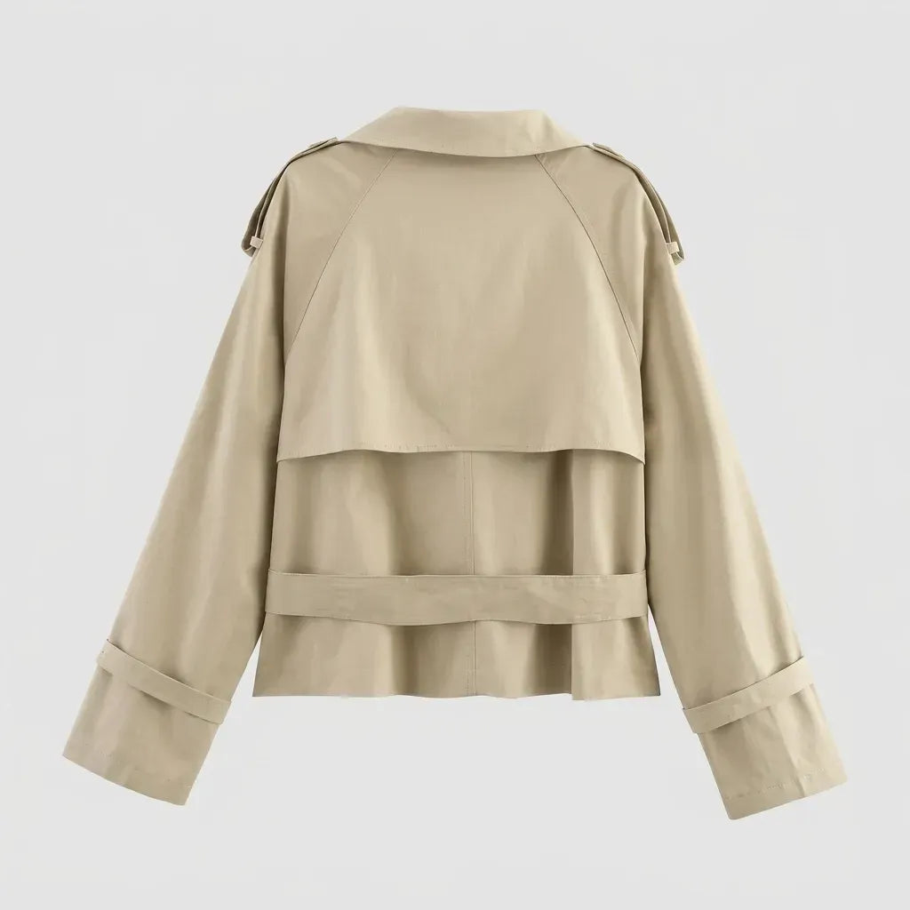 Cropped Funnel Neck Jacket Double Breasted Belted Beige 8
