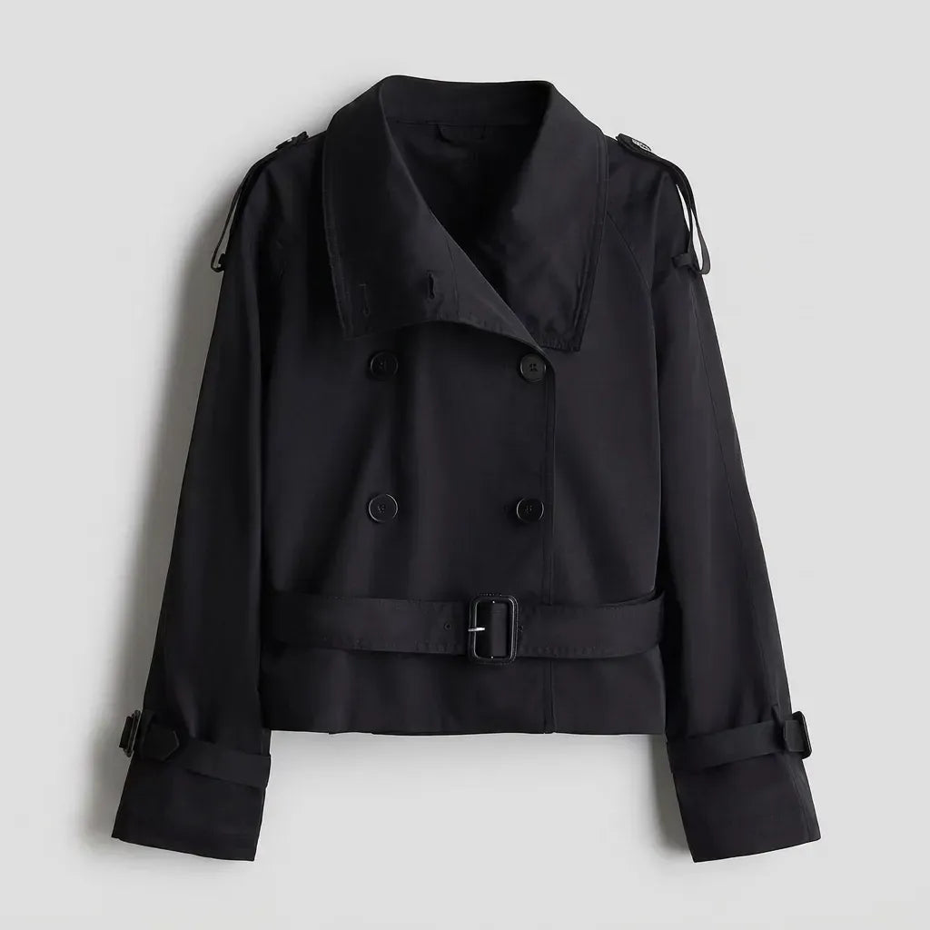 Cropped Funnel Neck Jacket Double Breasted Belted Black 9