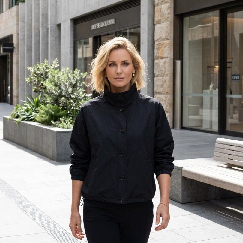 Cropped Oversized Funnel Neck Jacket with Buttons Black 2