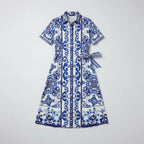 A-Line Belted Midi Shirt Dress With Short Sleeves