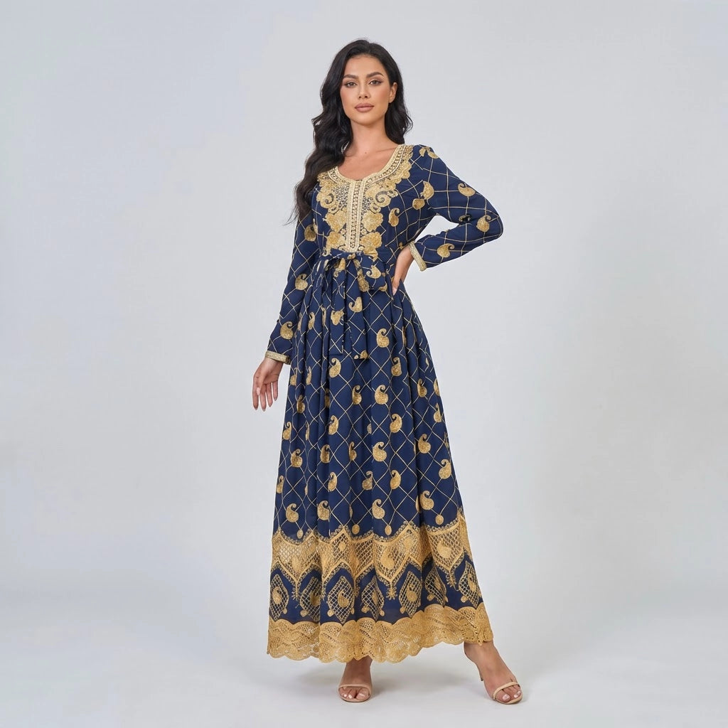 Women's Maxi Long Sleeve Dress with Embroidery
