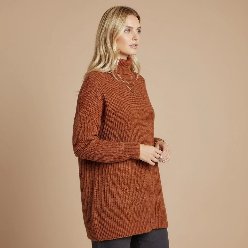 Women's Longline Button-Down Turtleneck Sweater