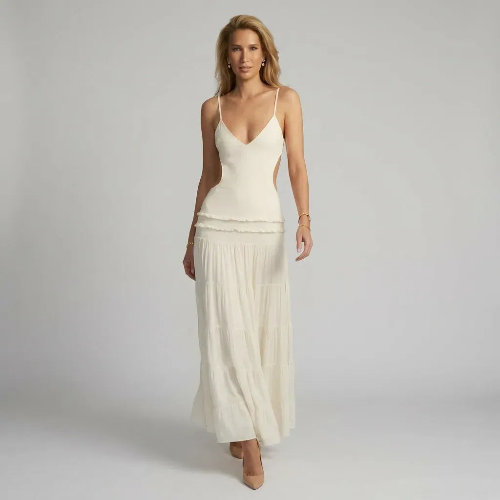 Deep V Cutout Low Back Dress White 2