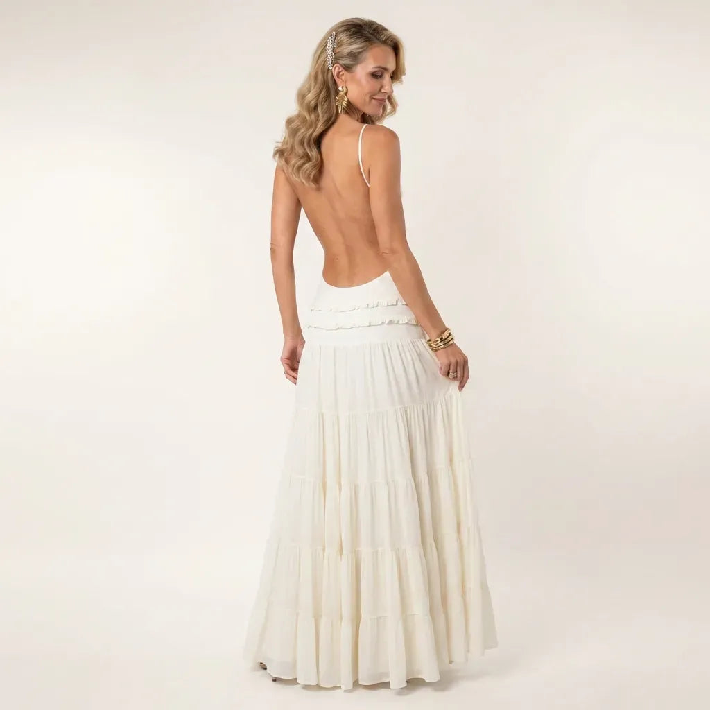 Deep V Cutout Low Back Dress White 4