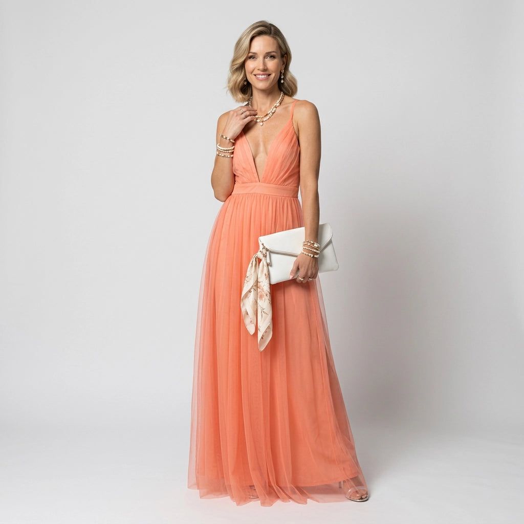 Ruched A-Line Maxi Dress with V-Neck in Apricot – 1