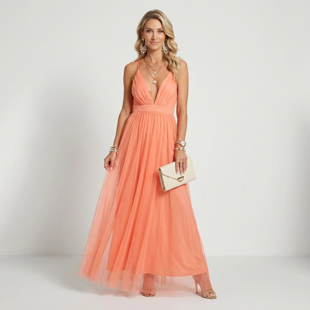 Ruched A-Line Maxi Dress with V-Neck in Apricot – 3