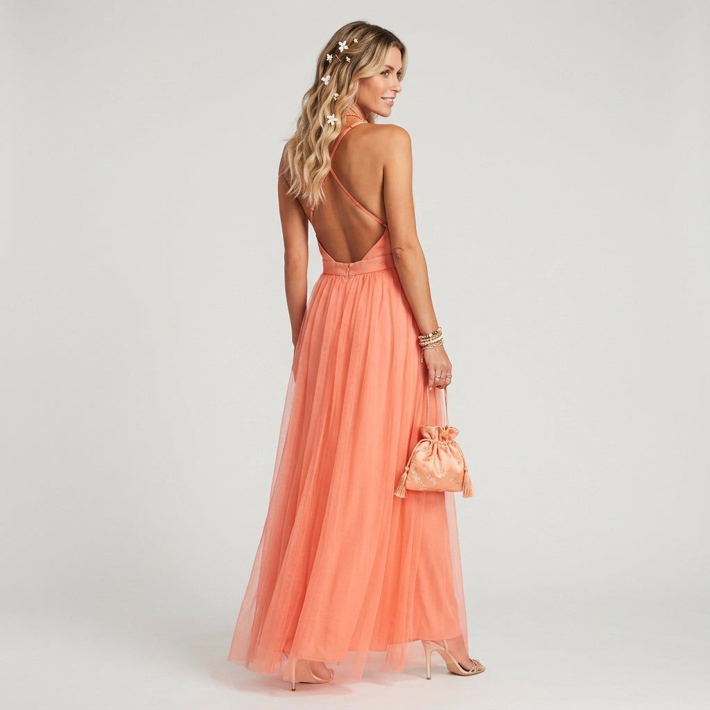 Ruched A-Line Maxi Dress with V-Neck in Apricot – 4