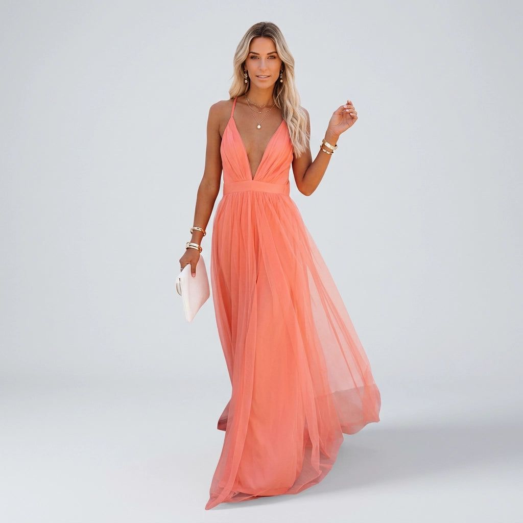 Ruched A-Line Maxi Dress with V-Neck in Apricot – 5