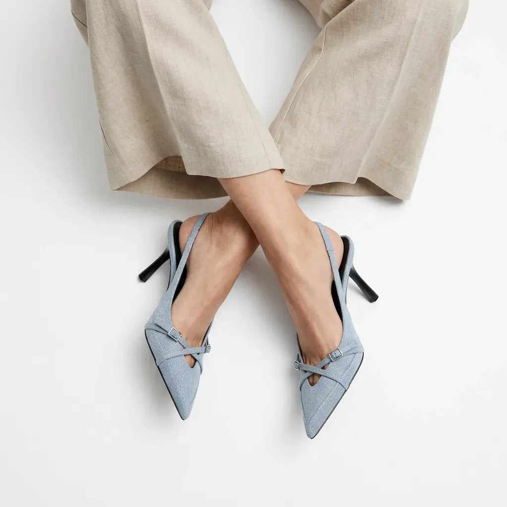 Denim Pointed Toe Stilettos with Straps Denim 2