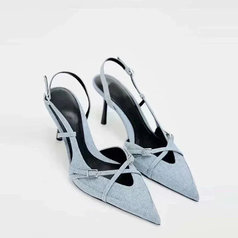 Denim Pointed Toe Stilettos with Straps Denim 4
