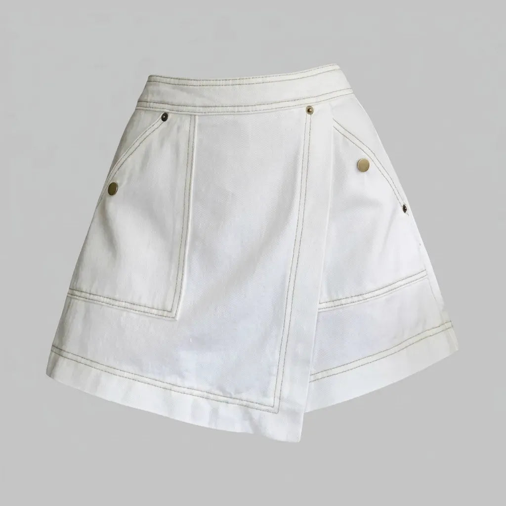 Denim Skort with Wrap Detail and Pockets White 3