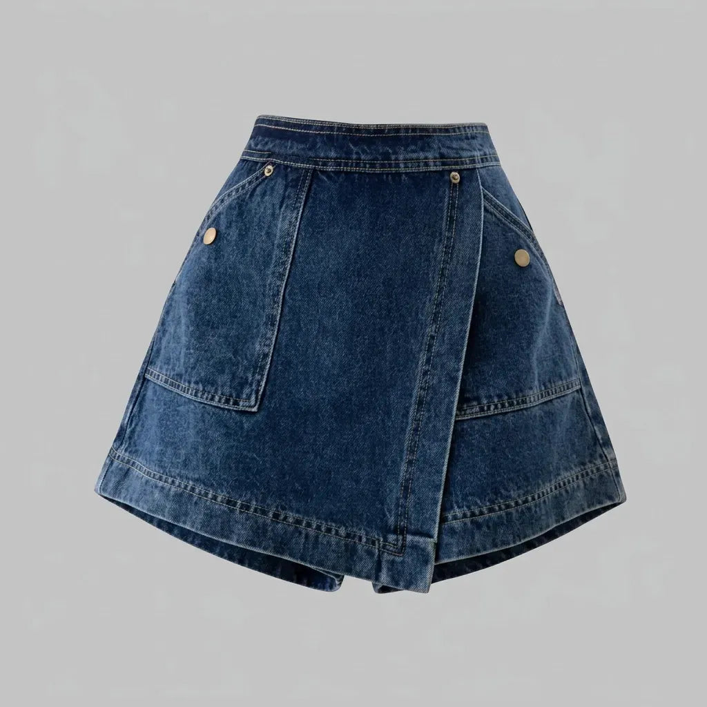 Denim Skort with Wrap Detail and Pockets Blue 5