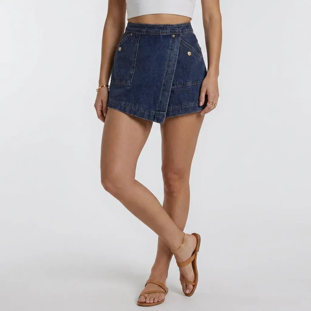 Denim Skort with Wrap Detail and Pockets Blue 6