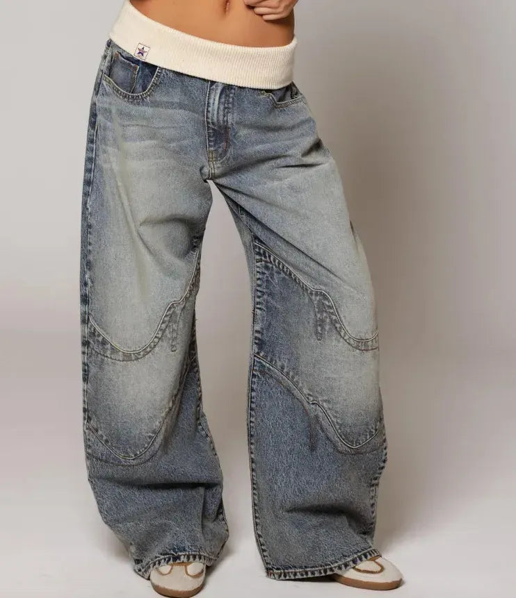 Distressed Denim Baggy Jeans Low Rise Light Blue 1